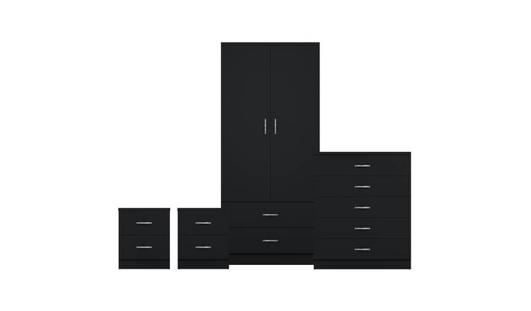 Vida Designs Riano Bedroom Set (Bedsides, 5 Drawer Chest, 2x2 Wardrobe) - Black