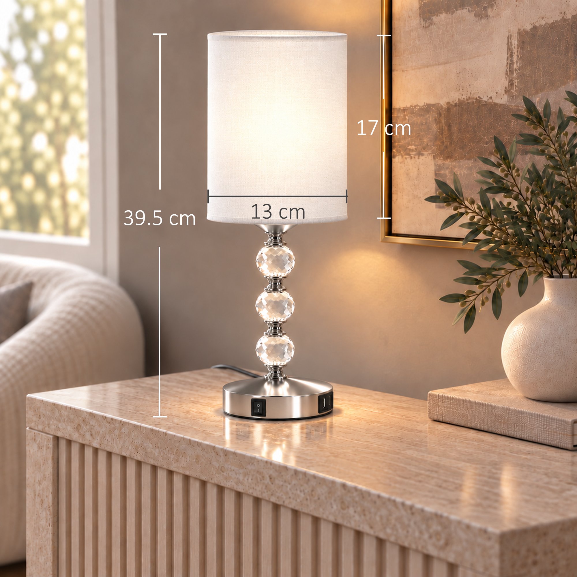 HOMCOM Crystal PVC Shade USB A and C Charging Ports Table Lamp – Silver - Image 3