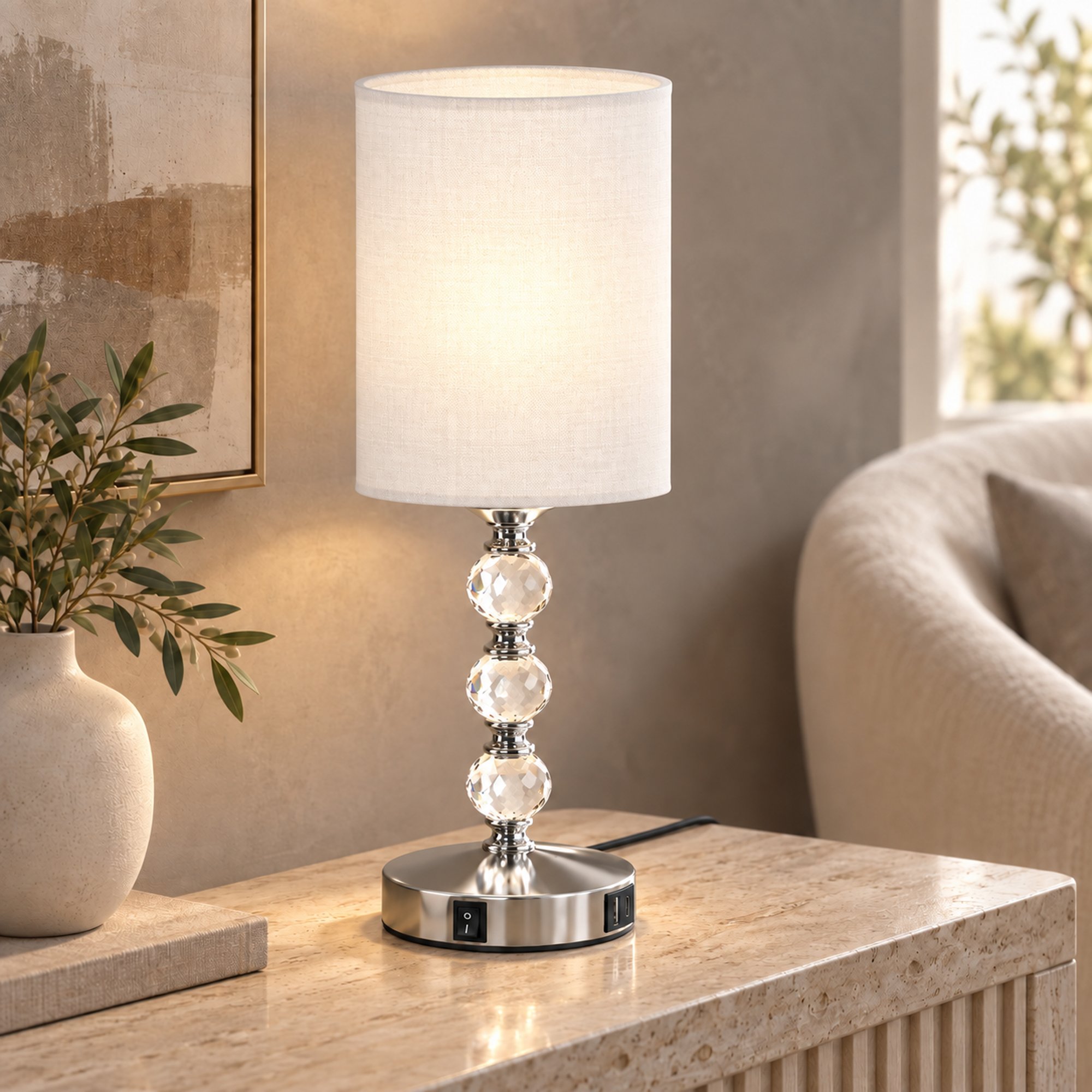 HOMCOM Crystal PVC Shade USB A and C Charging Ports Table Lamp – Silver - Image 4