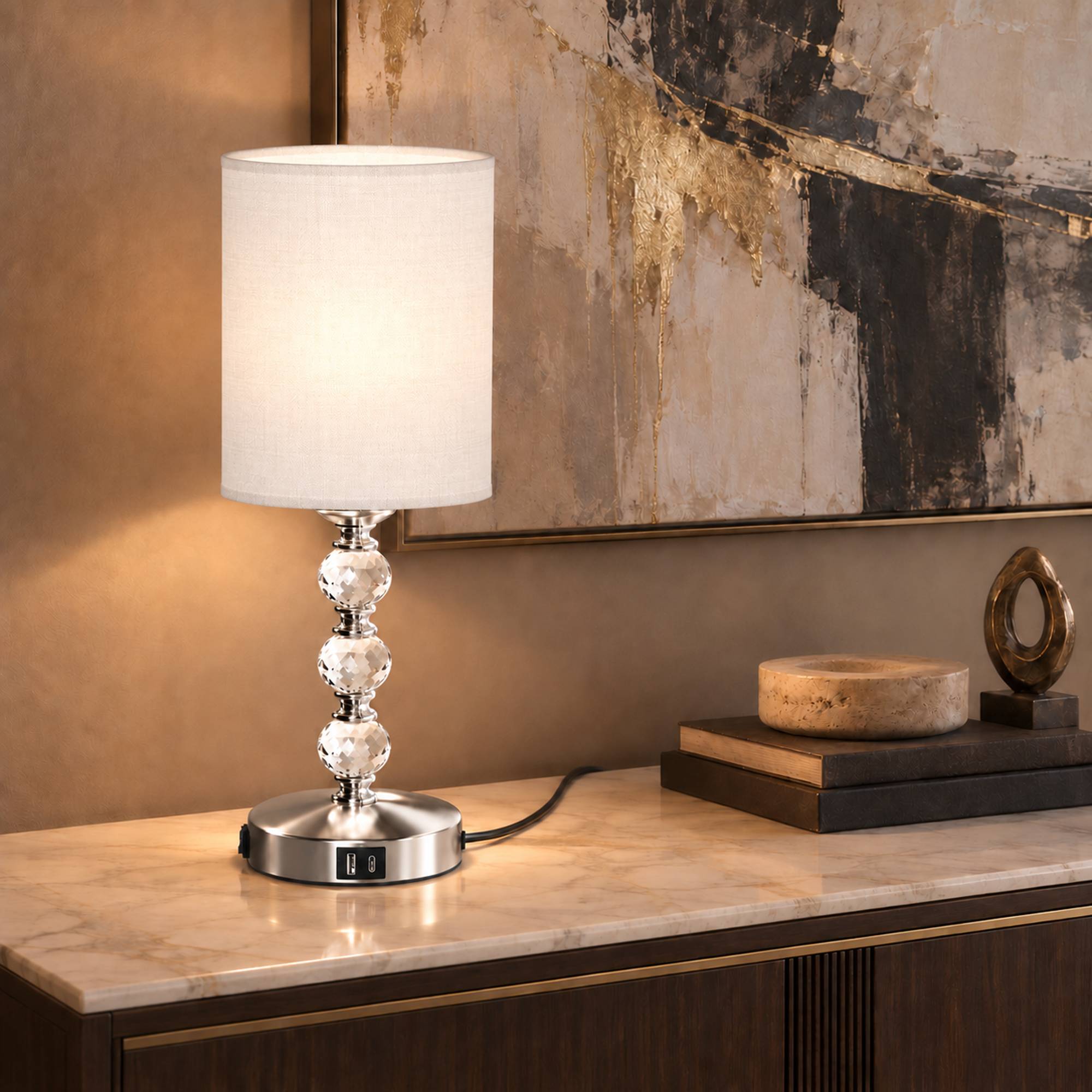 HOMCOM Crystal PVC Shade USB A and C Charging Ports Table Lamp – Silver - Image 5