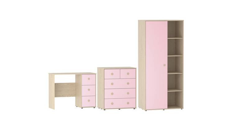 Junior Vida Neptune Bedroom Set (Desk, Drawer Chest, Wardrobe) - Pink & Oak