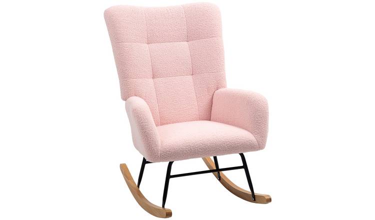 HOMCOM Teddy Rocking Chair with Wide Backrest and Rubberwood Base - Light Pink