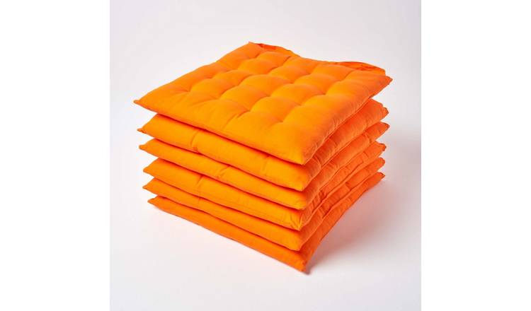 Homescapes Pack of 6 Cotton Seat Pad Chair Cushions - Orange