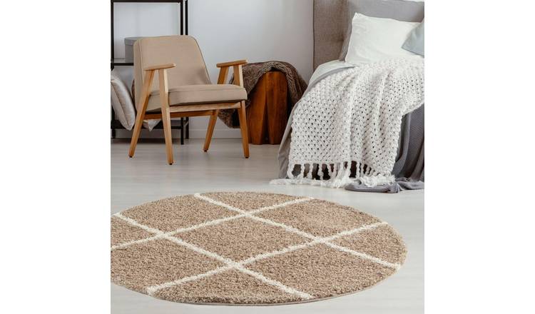 The Rugs Beige Moroccan Shaggy Diamond Round Rug - 120cm