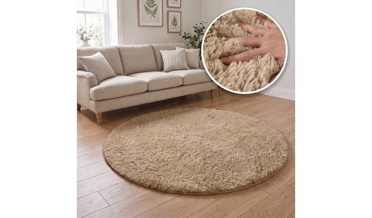 The Rugs Beige Lush Plain Washable Non Slip Shaggy Round Rug - 80cm
