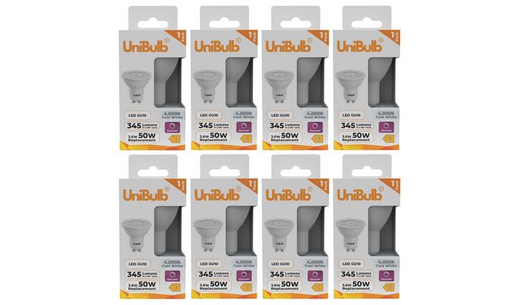 UniBulb 3.6W LED Cool White Dimmable Spotlight GU10 Light Bulb - Pack of 8