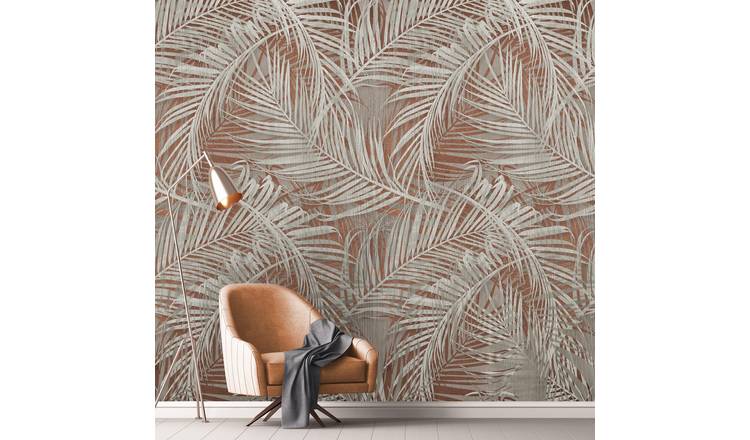 Grandeco XL Palm Leaf 3 lane Repeatable Textured Wallpaper Mural  - Terracotta