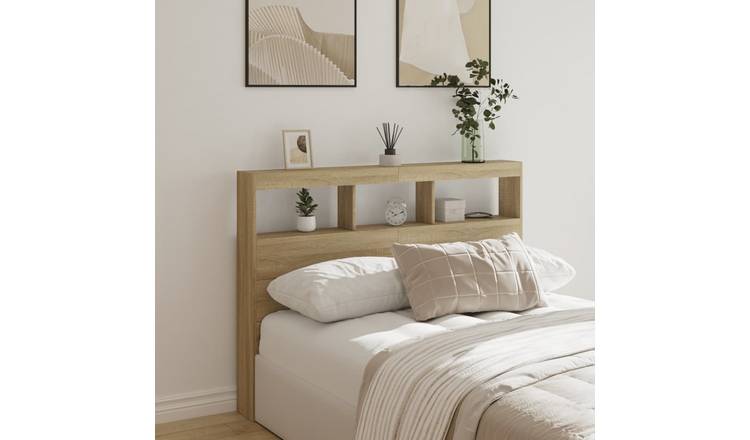Walplus Engineered Wood LED Headboard Cabinet - Light Oak - 140 x 17 x 102 cm