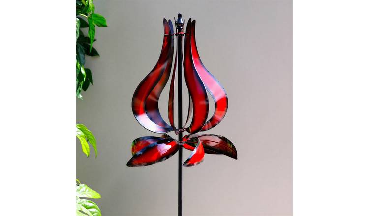 Primrose 65cm Metal Flower Flutter Bulb Kinetic Wind Spinner Wheel - Red