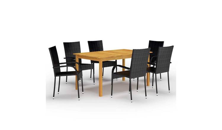 Walplus 7 Piece Solid Acacia Wood Garden Dining Set - Black - 150 x 90 x 74 cm