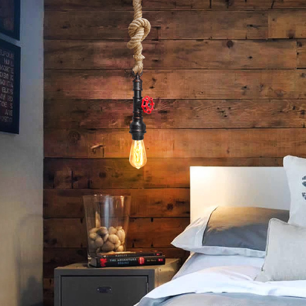 Energy Light Bulbs Rustic Water Pipe with Rope Ceiling Light - Brown - Image 6