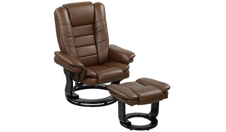 HOMCOM PU Leather Swivel Recliner Armchair with Swivel Wood Base - Brown