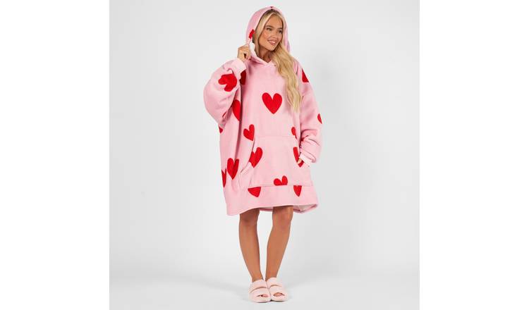 OHS Heart Print Hoodie Blanket - One Size - Pink