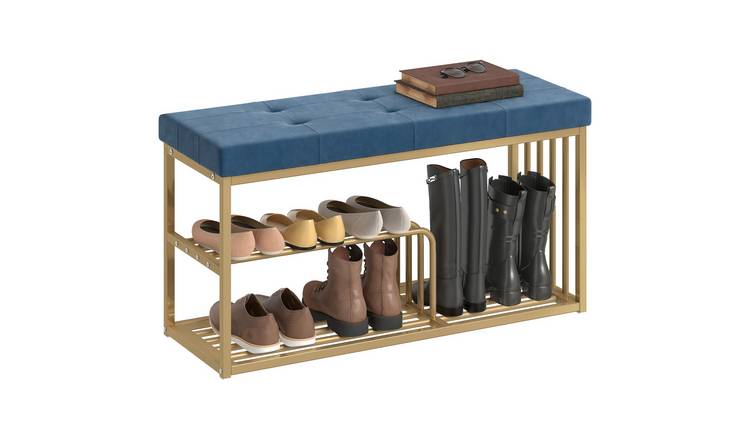 HOMCOM Shoe Storage Bench with Velvet Seat Cushion and Steel Frame - Dark Blue