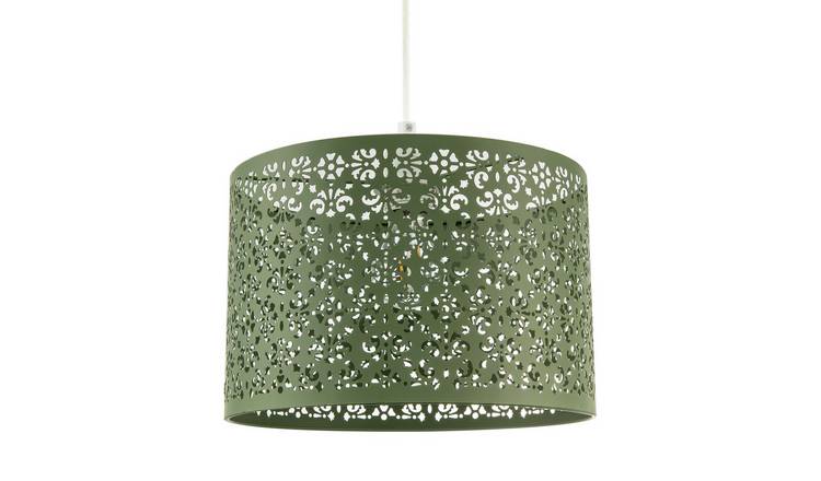 Happy Homewares Olive Green Moroccan Metal with Floral Pendant Shade - 29cm