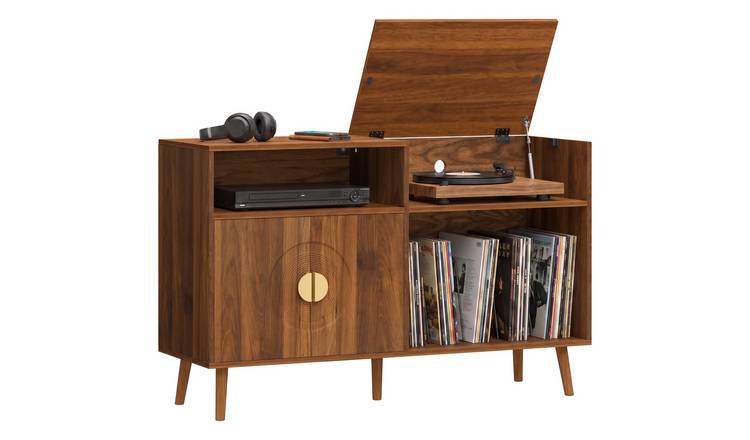 HOMCOM Record Player Stand with Storage Holds Up to 300 Albums - Walnut