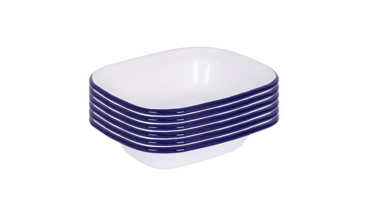 Argon Tableware Pack of 6 White Enamel Pie Dishes - Blue - 18 x 13.5cm
