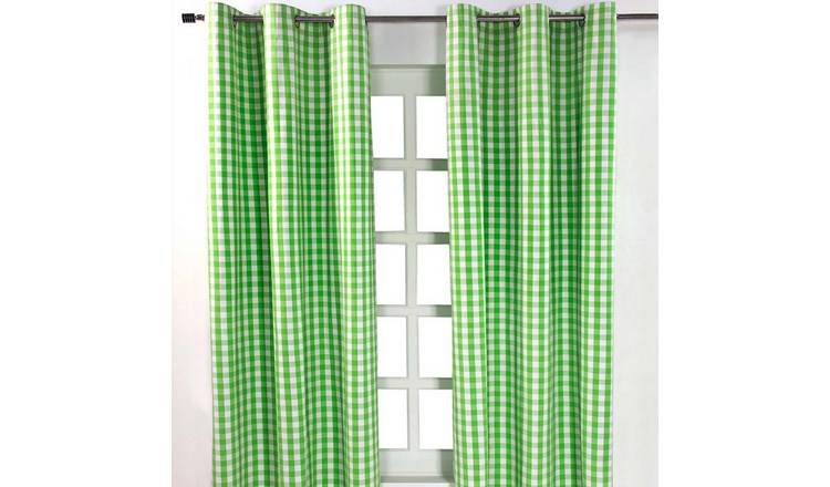Homescapes Green Cotton Block Check Gingham Eyelet Curtains - 137cm x 182cm