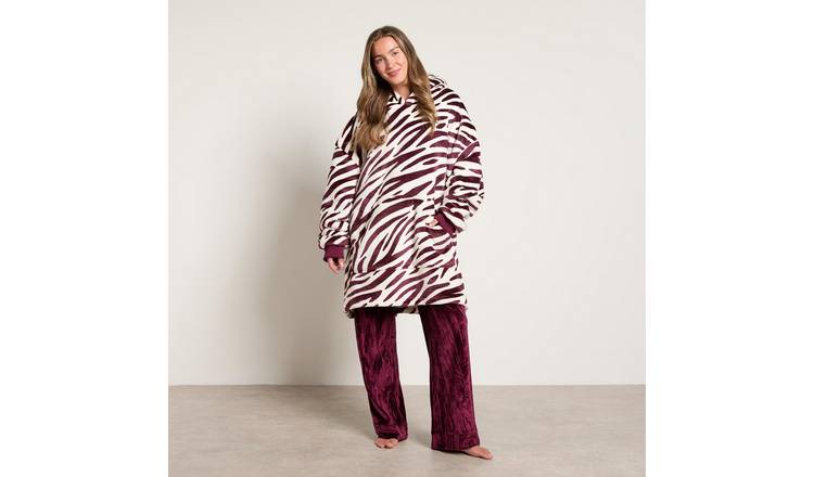 OHS Zebra Print Hoodie Blanket - One Size - Burgundy