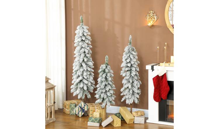 HOMCOM Set of 3 Slim Flocked Pencil Christmas Trees 3ft 4ft 5ft - Green