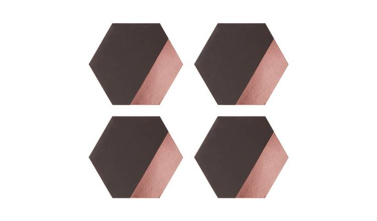 Orsina Geome Set Of 4 Leather Effect Hexagon Placemats - Grey And Rose Gold