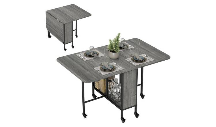 HOMCOM Mobile Drop Leaf Table with 6 Wheels and Shelf - Grey