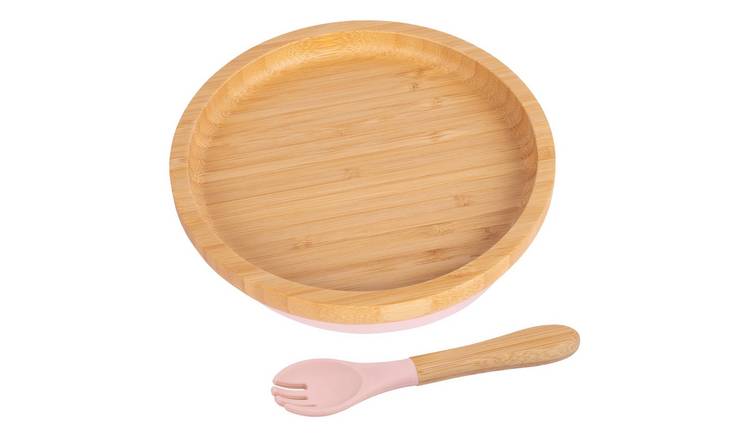 Tiny Dining Bamboo Round Baby Weaning Plate & Fork Set - Pastel Pink