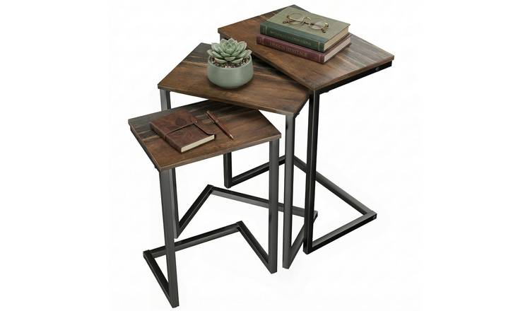 HOMCOM Set of 3 C-Shaped Nesting Side Tables with Steel Frame - Rustic Brown