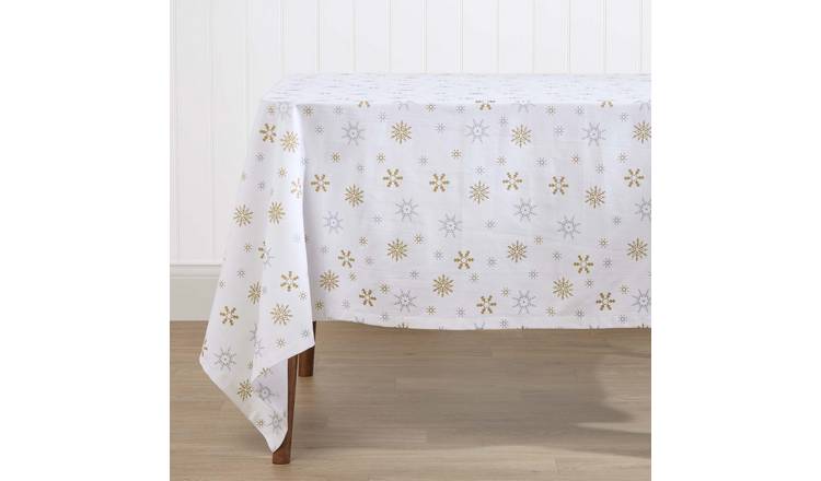 Homescapes Gold Christmas Snowflake Square Tablecloth - 137 x 137 cm - White