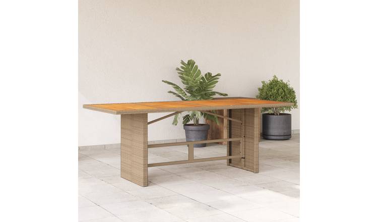 Walplus Poly Rattan Garden Table with Acacia Top - Beige - 190 x 80 x 74 cm