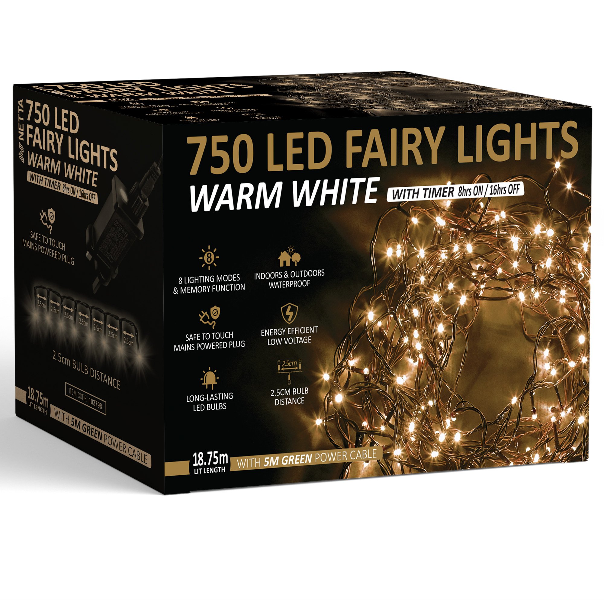 NETTA 750 LED 18.75m Christmas Fairy String Lights with Timer - Warm White - Image 1