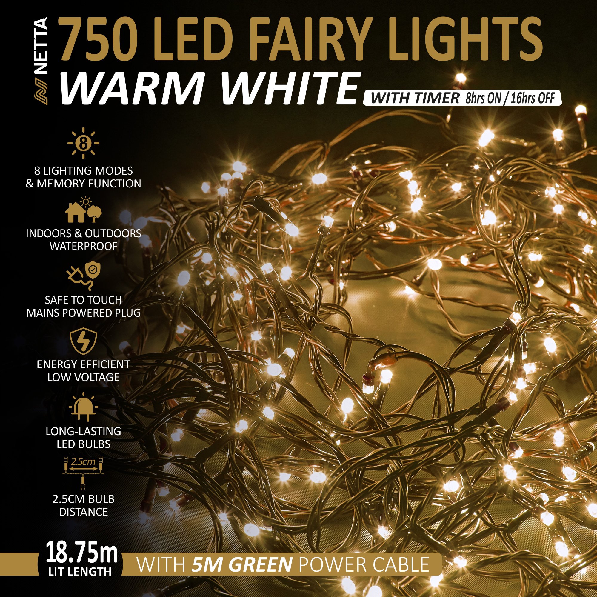 NETTA 750 LED 18.75m Christmas Fairy String Lights with Timer - Warm White - Image 2