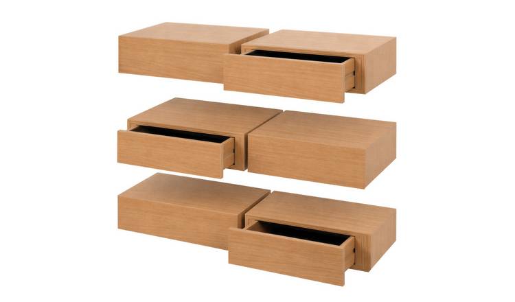 Harbour Housewares Wooden Floating Shelves with Drawer Pack of 6 - Light Oak