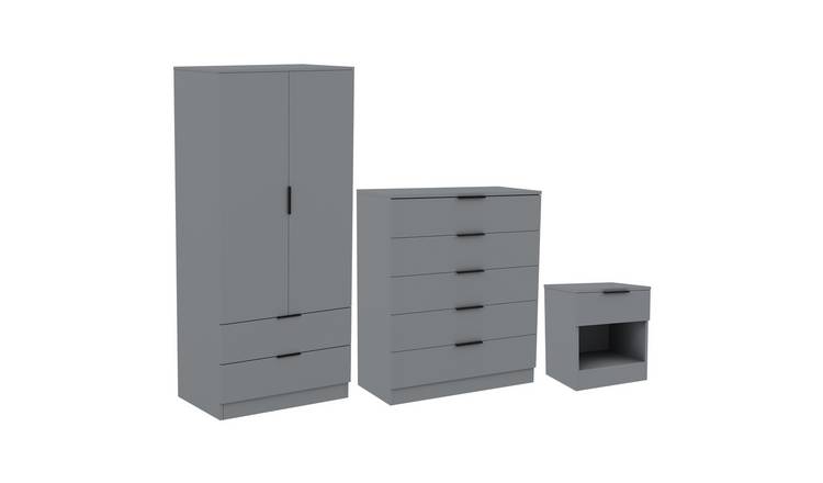 Vida Designs Trega Bedroom Set (Bedside, 5 Drawer Chest, 2x2 Wardrobe) - Grey