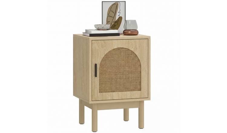 HOMCOM Rattan Bedside Table with Solid Wood Legs - Natural Wood