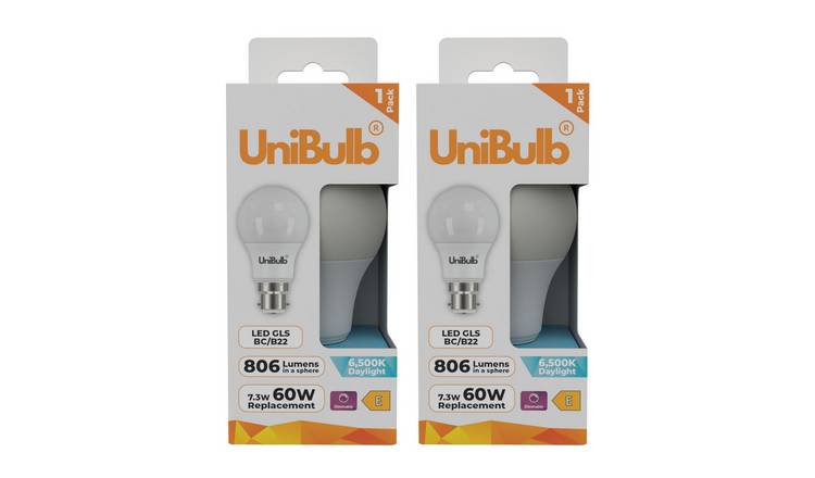 UniBulb 7.3W LED Daylight Dimmable GLS B22 Light Bulb - Pack of 2