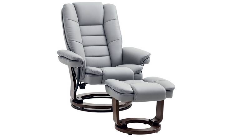 HOMCOM PU Leather Swivel Recliner Armchair with Swivel Wood Base - Grey