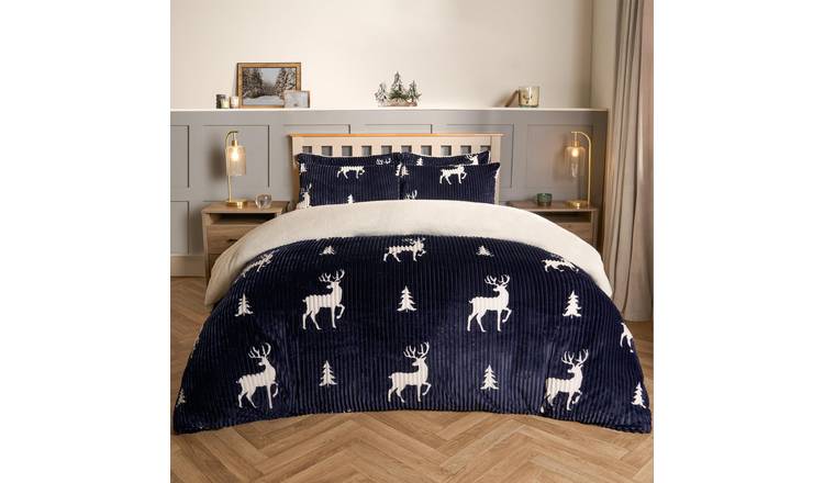 OHS Stag Duvet Cover Bedding Set Soft Ribbed Fleece Dark Navy - King