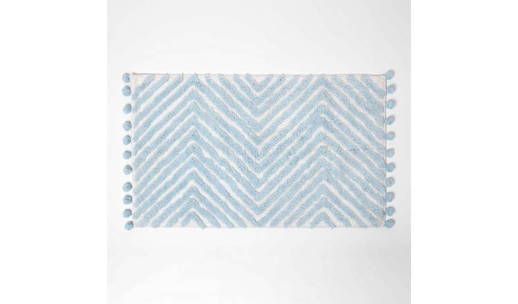Homescapes Zig Zag Tuftet Bath Mat with Pom Pom Edges - Blue