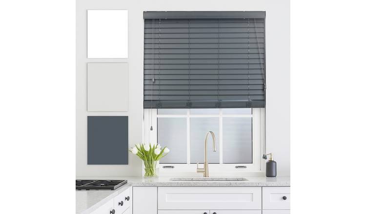 Furnished Dark Grey Faux Wood Venetian Blind with String - 45 x 150cm