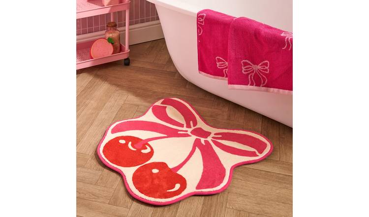 OHS Cherry Bow Print Velvet Bath Mat - 60 x 60cm - Pink