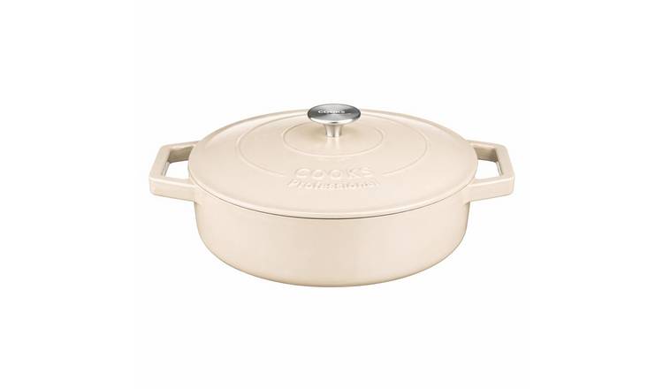 Cooks Professional 28cm Shallow Cast Iron Casserole Dish with Lid - Ivory