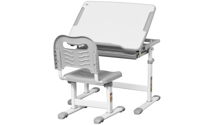 HOMCOM Adjustable Tilt Drawer Pen Slot Hook Kids Desk Chair Set - Grey