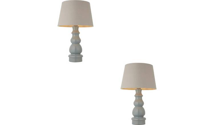 Loops Direct Pack of 2 Ceramic Table Lamp - Grey Linen Shade Blue Grey Glaze