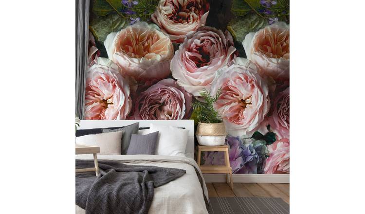 Grandeco Painted Flowersl Pink 3 Lane Repeatable Wallpaper Mural   - Pink