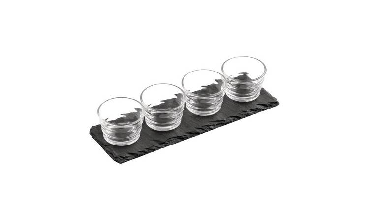 Orsina Preto 4 Ribbed Glass Bowls Slate Tray Set - Two Tone
