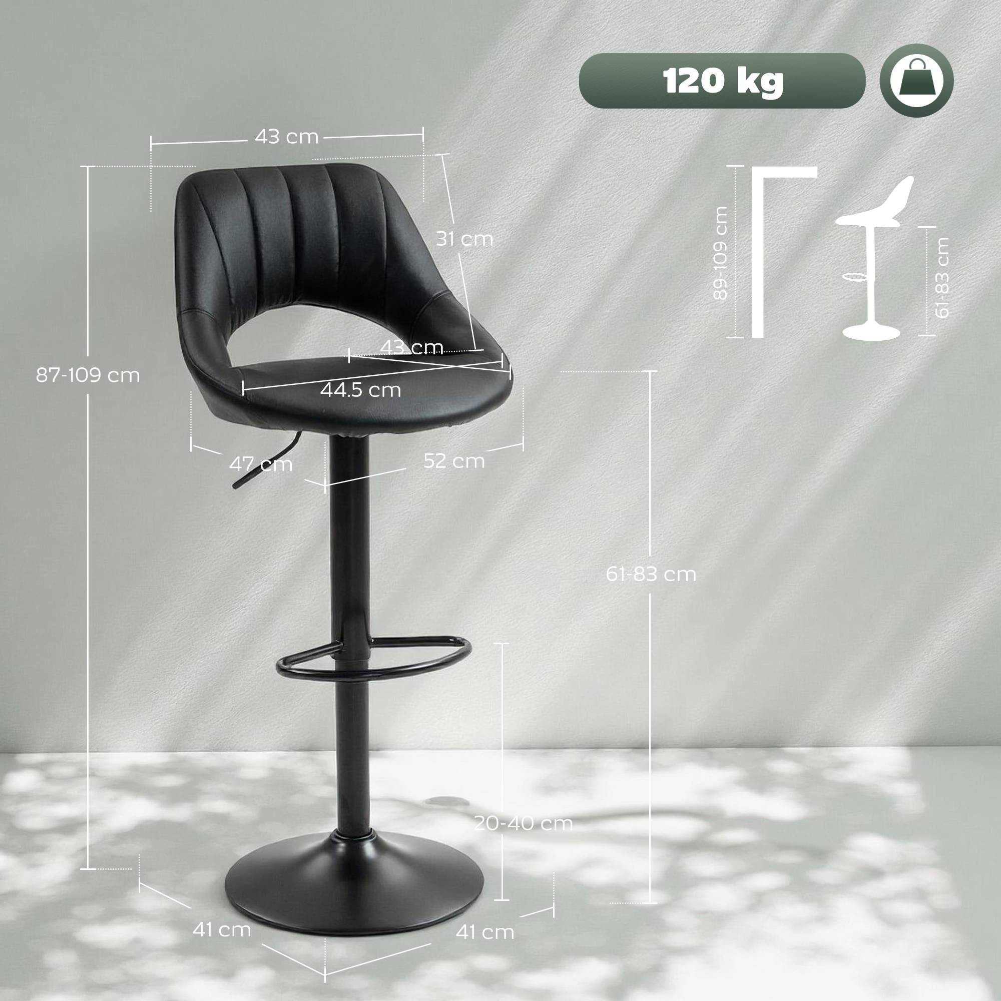 HOMCOM Set of 2 PU Leather Bar Stools with Adjustable Heigh and Footrest - Black - Image 7