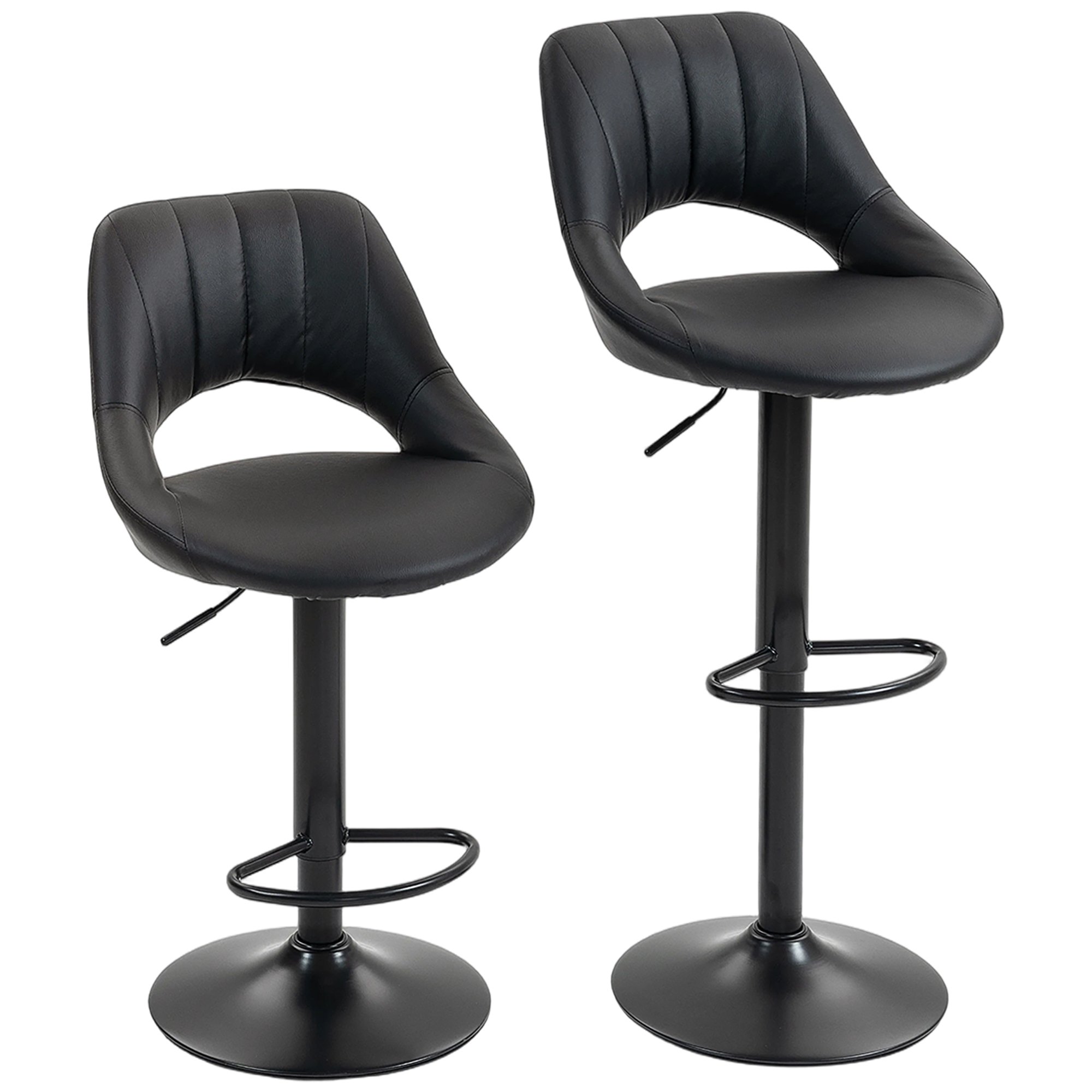 HOMCOM Set of 2 PU Leather Bar Stools with Adjustable Heigh and Footrest - Black - Image 1