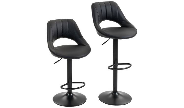 HOMCOM Set of 2 PU Leather Bar Stools with Adjustable Heigh and Footrest - Black