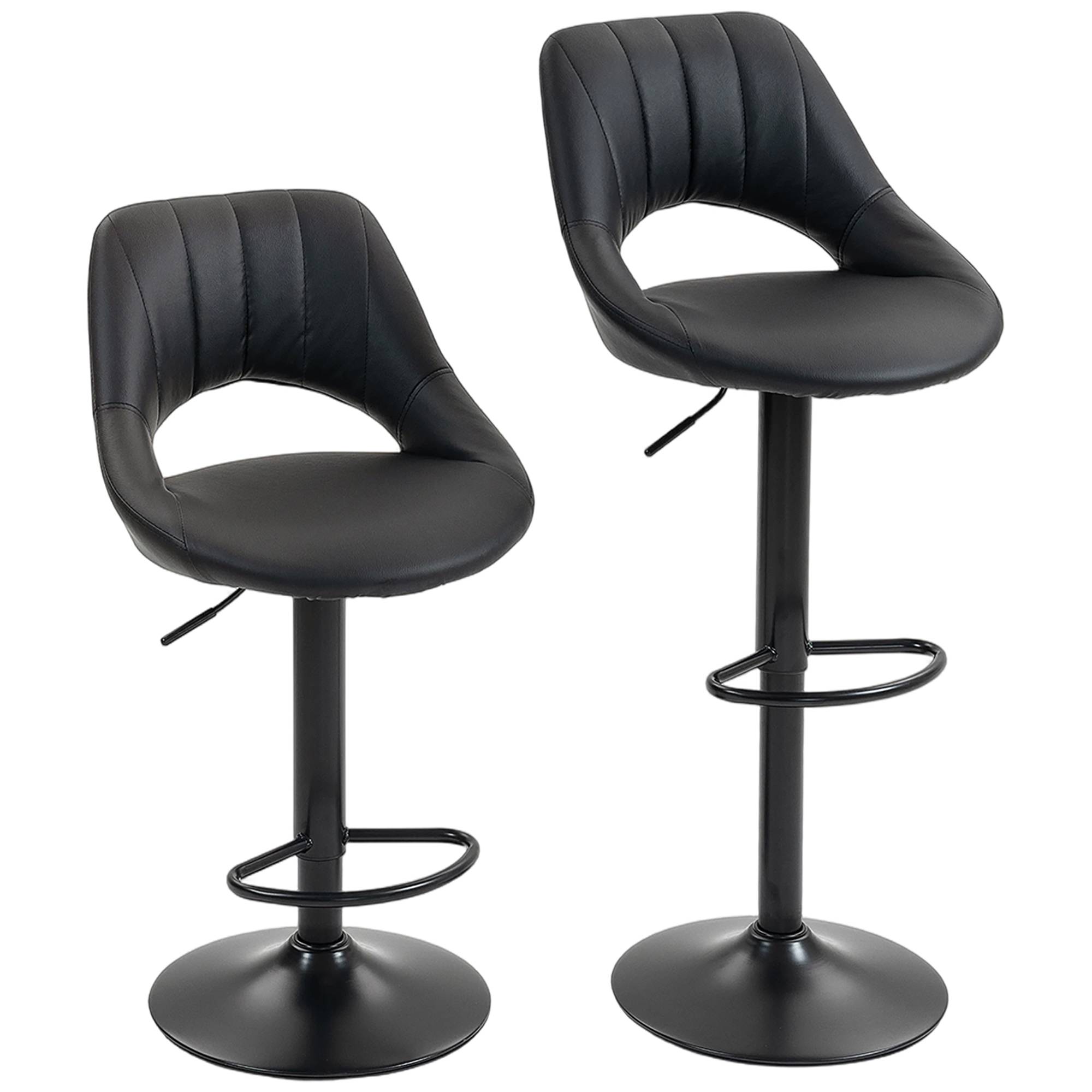 HOMCOM Set of 2 PU Leather Bar Stools with Adjustable Heigh and Footrest - Black - Image 1